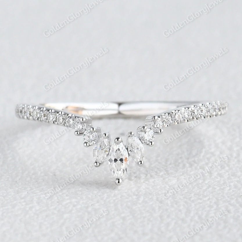 Moissanite Vintage Marquise Chevron Ring, Curved Chevron Wedding Band, Gifts For Her, Curved Gold Ring, V Shape Band, Art Deco Band