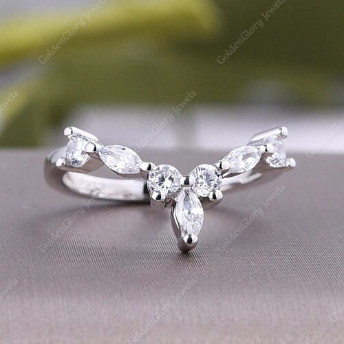 Round And Marquise cut Moissanite Band, Half Eternity Wedding Band, Curved Band, shops Stackable wedding band, Thin Band, V Shape Band