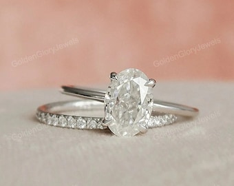1.5 Ct Oval Cut Moissanite Wedding Ring Set, Moissanite Engagement Ring Set, Vintage Bridal Set, Art Deco Matching Bands, 14k/18k Gold Ring