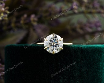 Anello con moissanite rotonda da 3 carati, anello di fidanzamento rotondo, anello in oro massiccio 14 carati, anello con moissanite solitario rotondo, anello a 6 punte, gambo a cattedrale