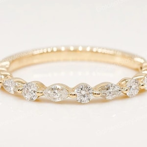 Moissanite Round And Marquise Half Eternity Band, Half Eternity Engagement Band, Solid 14k Yellow Gold Wedding Band, Art Deco Vintage Band