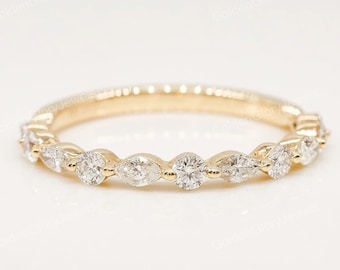 Moissanite Round And Marquise Half Eternity Band, Half Eternity Engagement Band, Solid 14k Yellow Gold Wedding Band, Art Deco Vintage Band