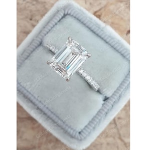 4.2ct Emerald Cut Engagement Rings Hidden Halo Moissanite Engagement Ring Vintage White Gold Bridal Set Emerald Wedding Ring Pave Gold Ring