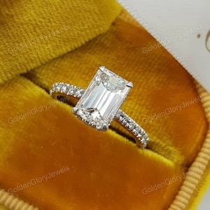 2CT Emerald Cut Colorless Moissanite Ring, Hidden Halo Engagement Ring, Cathedral Shank Ring , Anniversary Gift Ring, Bridal Wedding Ring