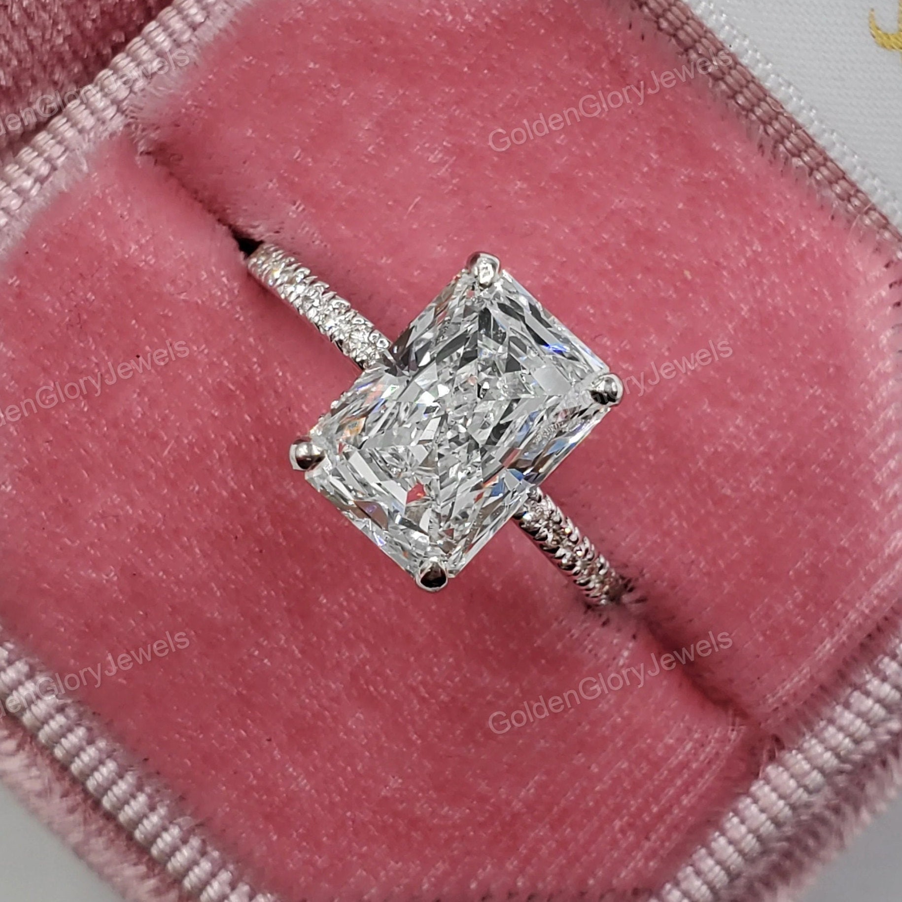 3.8CT Radiant Cut Moissanite Engagement Ring, Radiant Cut Hidden Halo Moissanite Ring, Art Deco Wedding Ring, Pave Moissanite Ring