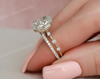 Anillo de compromiso nupcial de eternidad con moissanita de corte ovalado de 3 quilates, anillo de boda con moissanita, anillo de novia vintage, alianzas art déco, oro de 14 k/18 k