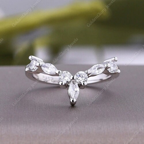Round And Marquise cut Moissanite Band, Half Eternity Wedding Band, Curved Band, shops Stackable wedding band, Thin Band, V Shape Band