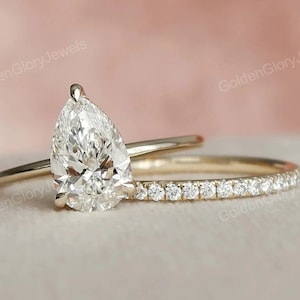 1.50CT Pear Cut Moissanite Solitaire Hidden Halo Bridal Engagement Ring Set, Moissanite Ring Set, Vintage Bridal Set, Art Deco 14k/18k Gold