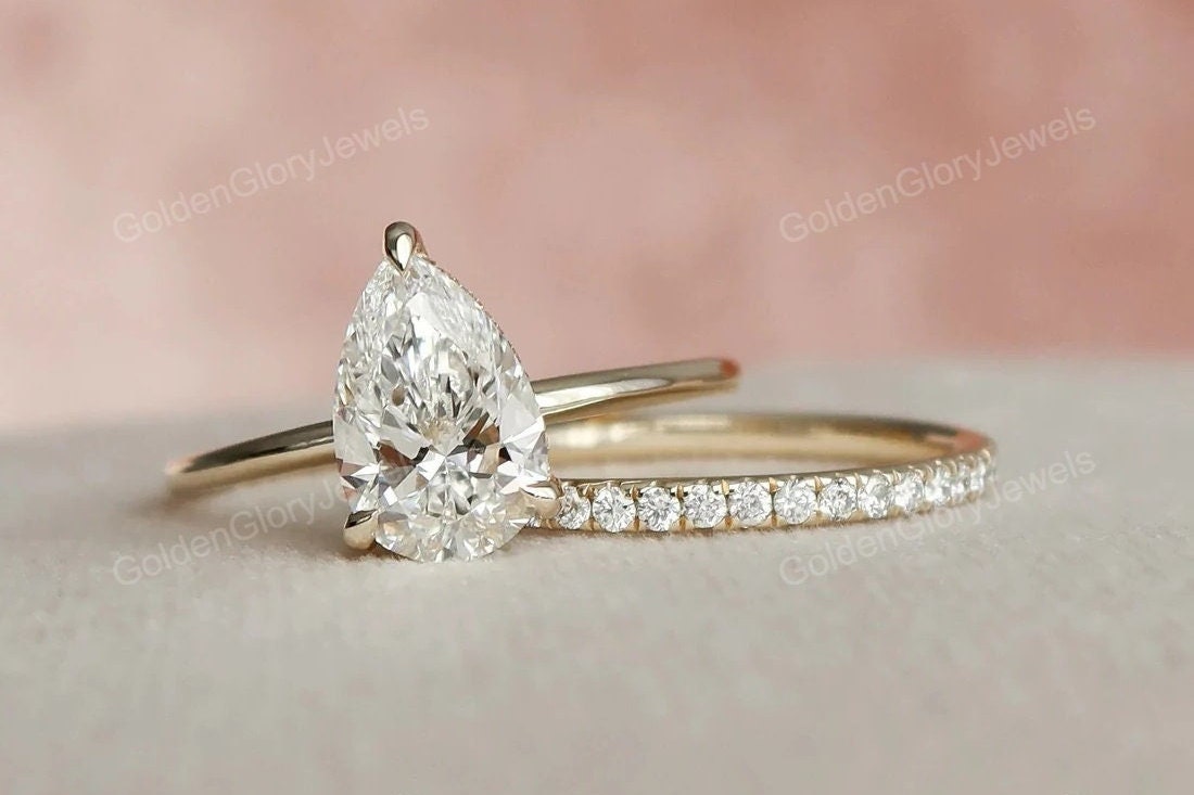 1.50CT Pear Cut Moissanite Solitaire Hidden Halo Bridal Engagement Ring Set, Moissanite Ring Set, Vintage Bridal Set, Art Deco 14k/18k Gold