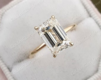 3.8 CT Hidden Halo Solitaire Ring, Emerald cut Moissanite Engagement Ring, Emerald Cut Ring, Yellow Gold Ring, Anniversary Gift For Her