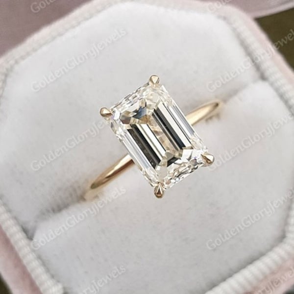 3.8 CT Hidden Halo Solitaire Ring, Emerald cut Moissanite Engagement Ring, Emerald Cut Ring, Yellow Gold Ring, Anniversary Gift For Her
