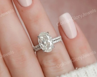 4CT Oval Cut Moissanite Halo Bridal Engagement Ring Set, Moissanite Wedding Set, Vintage Bridal Set, Art Deco Bands, 14k/18k Gold Ring