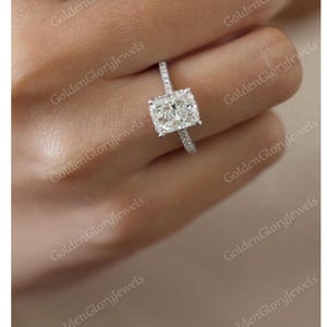2CT Radiant Cut Moissanite Ring, Hidden Halo Radiant Moissanite Ring, Three Sided Pave Anniversary Ring, Cathedral Shank, 14K White Gold