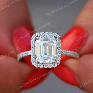 4CT Emerald Cut Moissanite Engagement Ring, Halo Engagement Ring, Anniversary Gift Ring, Bridal Wedding Ring
