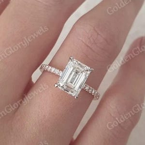 5.75 CT Emerald Cut Colorless Moissanite Engagement Ring, Pave Band, Hidden Halo, Custom Wedding Ring, Ring for Women, Two-tone Ring