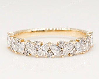 Moissanite Marquise and Round Wedding Band, Art Deco Half Eternity Band, Moissanite Engagement Band, Anniversary Band, Moissanite Band