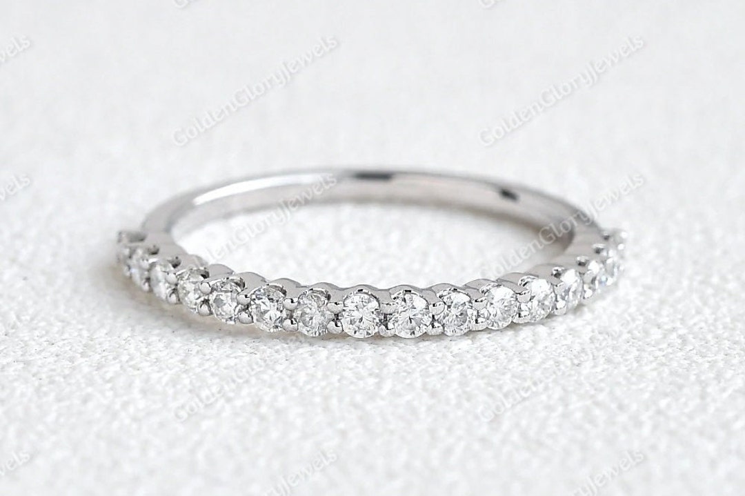 Round Moissanite Wedding Band, Half Eternity Bridal Ring, 14k White ...