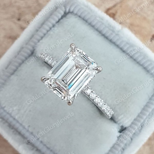 3 ct Emerald Cut Moissanite Engagement Ring, Emerald Moissanite Ring, Wedding Ring Anniversary Ring, Cathedral Shank