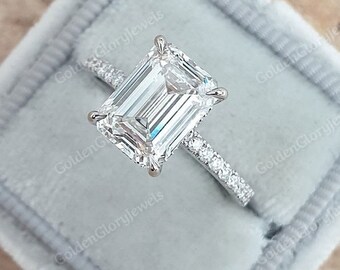 4.2ct Emerald Cut Engagement Rings Hidden Halo Moissanite Engagement Ring Vintage White Gold Bridal Set Emerald Wedding Ring Pave Gold Ring