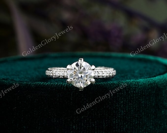 1CT Round Moissanite Engagement Ring, 14KWhite Gold ring, Three Side Pave Moissanite, Round Moissanite Wedding Ring, 6 Prong, Promise Ring