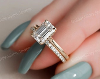 2 kt smaragd geslepen moissaniet trouwring set, moissaniet verlovingsring set, vintage bruids set, art deco bijpassende banden, 14k/18k gouden ring