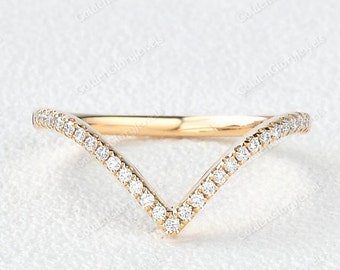 Moissanite Chevron Ring, 14K Gouden V-vormige Trouwring, Gebogen Moissanite Ring, Gebogen Gouden Ring, Cadeau, V-vormige Ring, Art Deco Ring