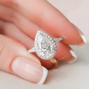 3CT Pear Cut Moissanite Ring, Pear Engagement Ring, Wedding Ring, Anniversary Ring, Promise Ring, Classic Halo Ring, Split Shank, For Women