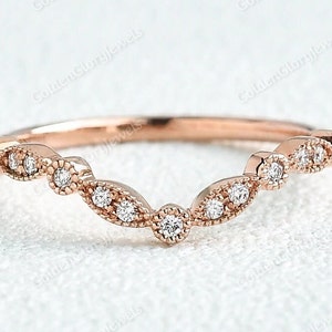 Moissanite Art Deco Wedding Band, Chevron Band, 14K Gold V Shape Matching Band, Curve Band, Chevron Wedding Band, Curved Gold Band