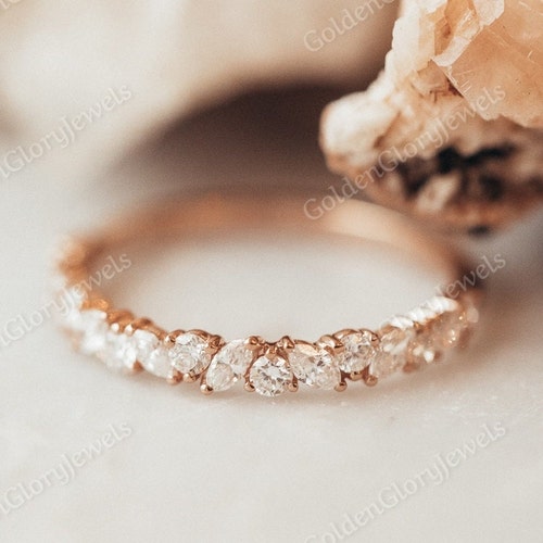 Marquise and Round Moissanite Band, Art Deco Half Eternity shops Wedding Band, Moissanite Cluster Wedding Band, Anniversary Band, Moissanite Band