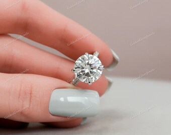 5CT Round Cut Moissanite Ring/Hidden Halo Three Side Pave Engagement Ring/Round Solitaire Ring/Bridal Wedding Ring/Delicate Ring/For Women