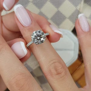 3Ct Round Moissanite Engagement Ring/14K White Gold Ring/Art Deco Ring/Classic Wedding Ring/Hidden Halo Vintage Bridal Ring/Cathedral Shank