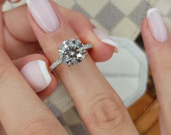 Anello di fidanzamento con moissanite rotonda da 3 carati/Anello in oro bianco 14 carati/Anello Art Déco/Anello nuziale classico/Anello nuziale vintage con alone nascosto/Gambo a cattedrale