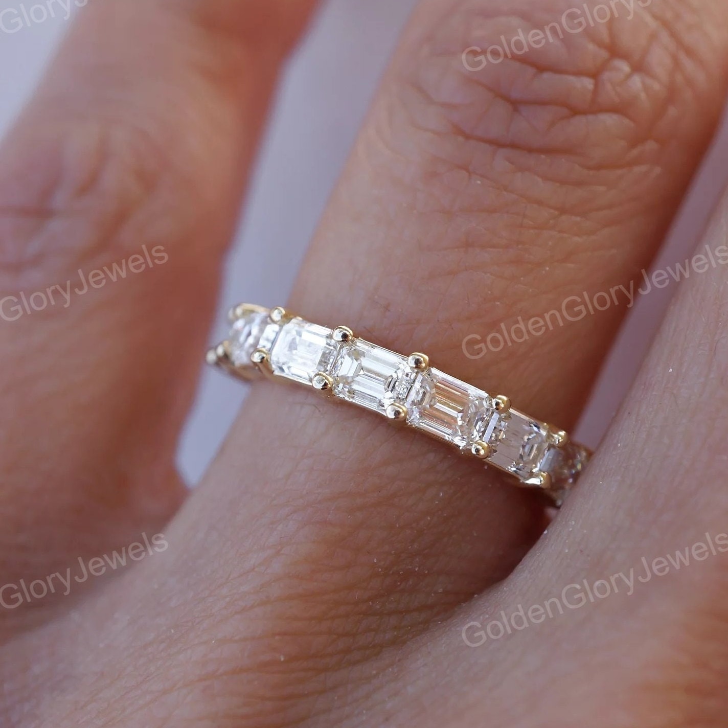 Emerald Cut Moissanite Wedding Band, Emerald Moissanite 14K Yellow Gold ...