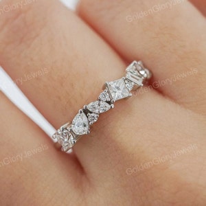 Moissanite Engagement Band, Moissanite Cluster Ring, Art Deco Half Eternity Band, Wedding Band, Anniversary Band, Multi-Stone Band