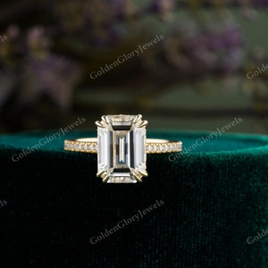 4CT Emerald Cut Moissanite Engagement Ring, Emerald Moissanite Hidden Halo Ring, Wedding Ring Anniversary Ring, Double Claw Prong, Cathedral