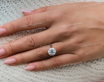 Anello di fidanzamento con moissanite rotonda da 3,5 ct, anello di fidanzamento con taglio rotondo, anello in oro massiccio, anello nuziale solitario rotondo, anello a cattedrale con 6 punte