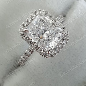 2CT Brilliant Radiant Cut Moissanite Engagement Ring, Wedding Ring, Classic Solitaire Halo Ring, Moissanite Solitaire Ring Gift for her
