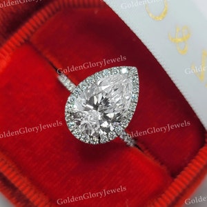 3.5 CT Pear cut Halo Moissanite Engagement Ring - Halo Ring - Pear Cut moissanite Ring,  Wedding Ring - 14K White Gold Ring For Women