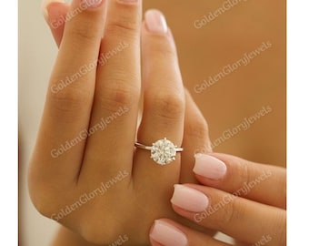Anello di fidanzamento con moissanite taglio rotondo da 3 carati, anello con moissanite solitario rotondo, anello in oro massiccio 14 carati, anello regalo per anniversario, anello nuziale, 6 griffe