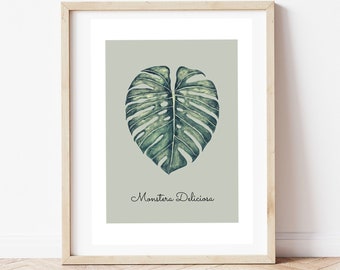 Botanical Monstera leaf print, tropical leaf print, summer wall art, digital download, watercolor painting