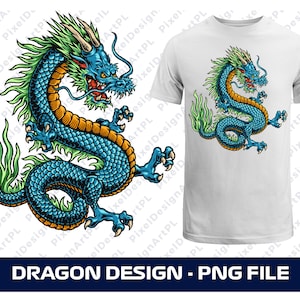 Blue Dragon PNG, Chinese Dragon PNG, Dragon T-shirt PNG, Dragon for Sublimation file, Dragon T-shirt Design, Oriental Dragon