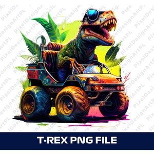 T-rex en Monster Truck ARCHIVO PNG, Sublimación, Camiseta, Scrapbooking, Fabricación de tarjetas, Manualidades con papel, Clipart