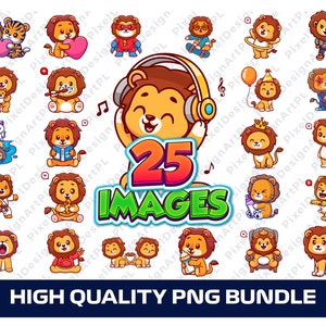 Cute Lion PNG Bundle - 25 designs, Clipart, Sublimation, T-shirt design, animal png, king png