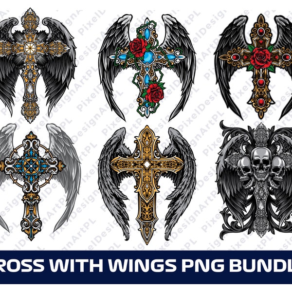 Cross with wings PNG Bundle - 6 designs, Cross PNG, Wings PNG, Sublimation file, T-shirt Design