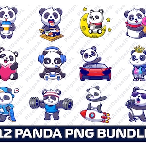 Panda PNG Bundle - 12 imágenes, Clipart, Sublimación, diseño de camiseta