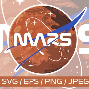 Może przedstawiać: Stylizowana ilustracja planety Mars z niebieskim szlaczkiem i napisem "MARS" w białym kolorze. Tło jest jasnopomarańczowe z białymi gwiazdami.