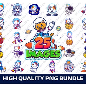 Cat Astronaut PNG Bundle - 25 designs, Clipart, Sublimação, design de camiseta, espaço png, gato fofo png