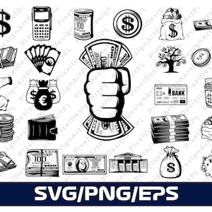 Argent SVG, EPS, PNG Bundle - 25 dessins, Cricut, Clipart, Sublimation, T-shirt Design, cash svg, dollar svg