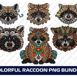 Coloré Zentangle Raccoon PNG Bundle - 6 designs, Raccoon PNG, Raccoon T-shirt, Sublimation, T-shirt Design