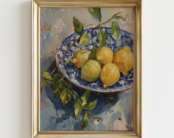 Lemon Still Life Printable Wall Art, Mediterranean Fruit Painting, Blue Plate Kitchen Decor, Rustic Summer Wall Art, Digital Download